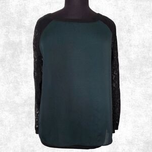 LOFT Women’s XL Hunter Green Lace Sleeve Blouse – Raglan Sheer Black Top